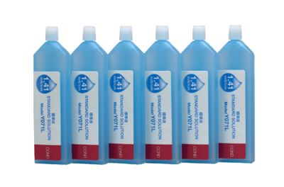Horiba 1413 μS/cm conductivity standard solution, 6 bottles front view, 14 ml calibration solution, pocket tester accessory, water quality calibration solution, compact pack
